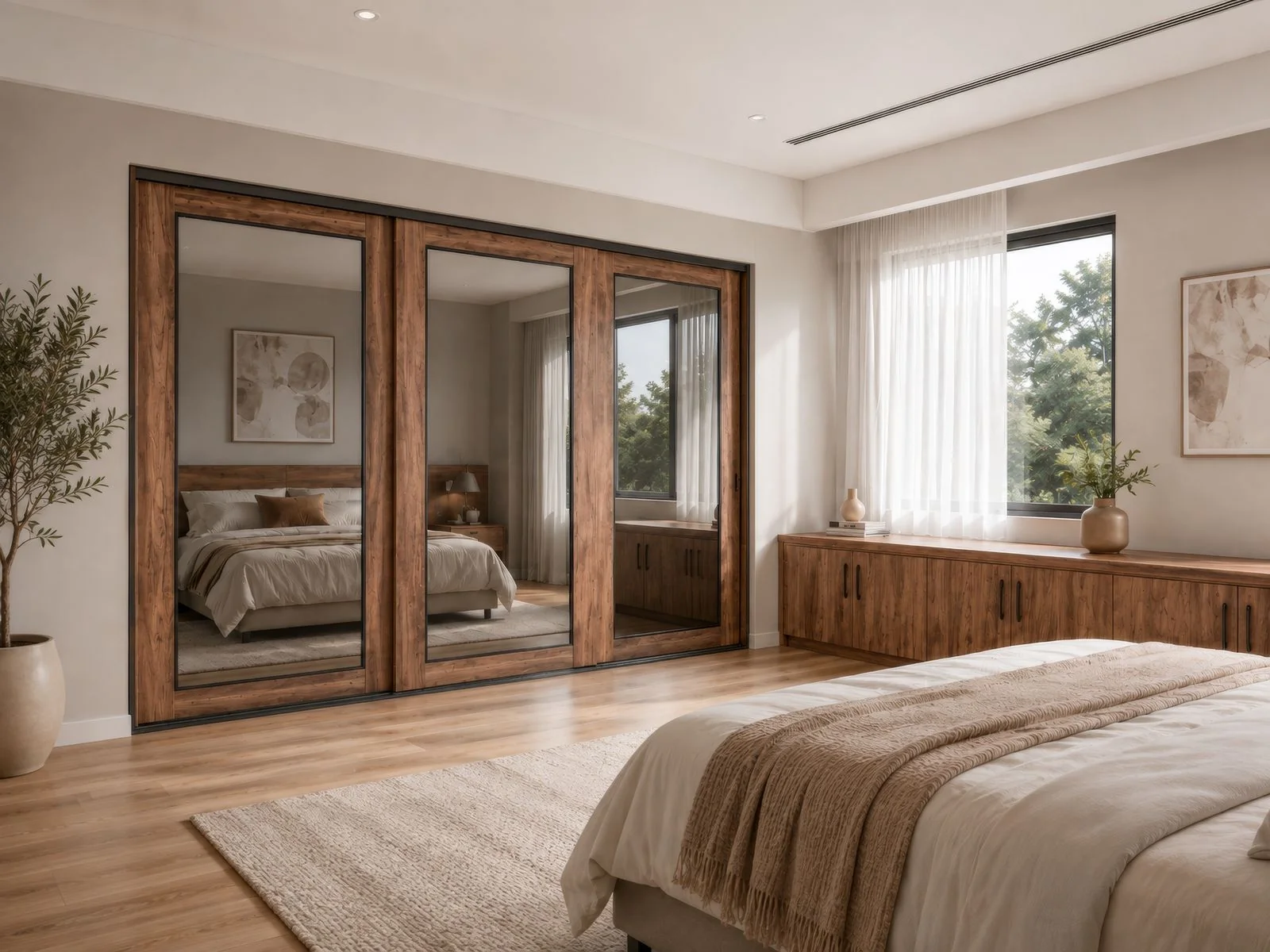 Brodco custom timber and mirror sliding wardrobe in a finished bedroom