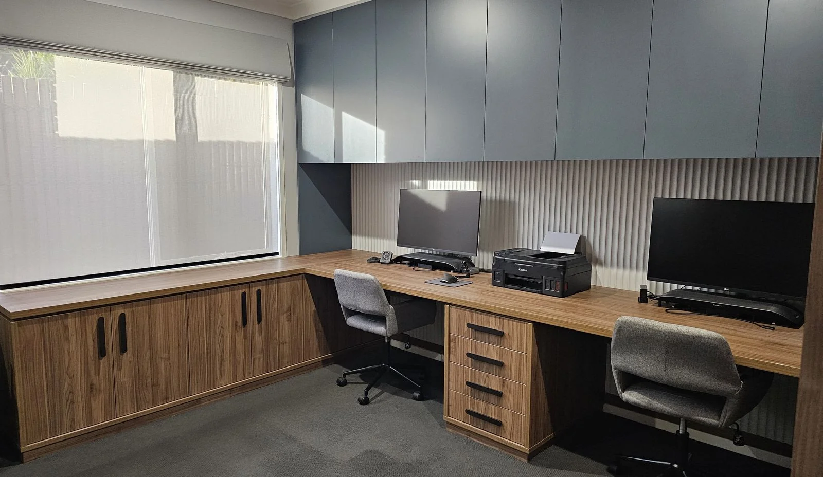 Custom blue and timber home-office cabinetry
